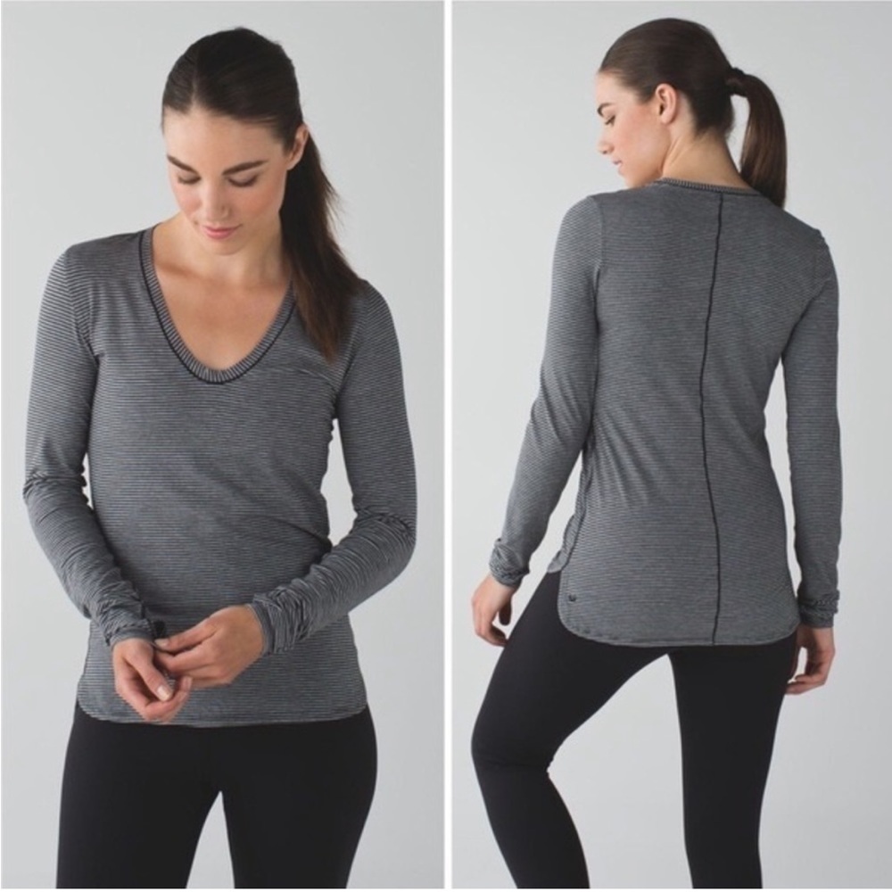 Lululemon Circadian Long Sleeve V Neck Tee Stripe Heathered Medium Grey Black 8